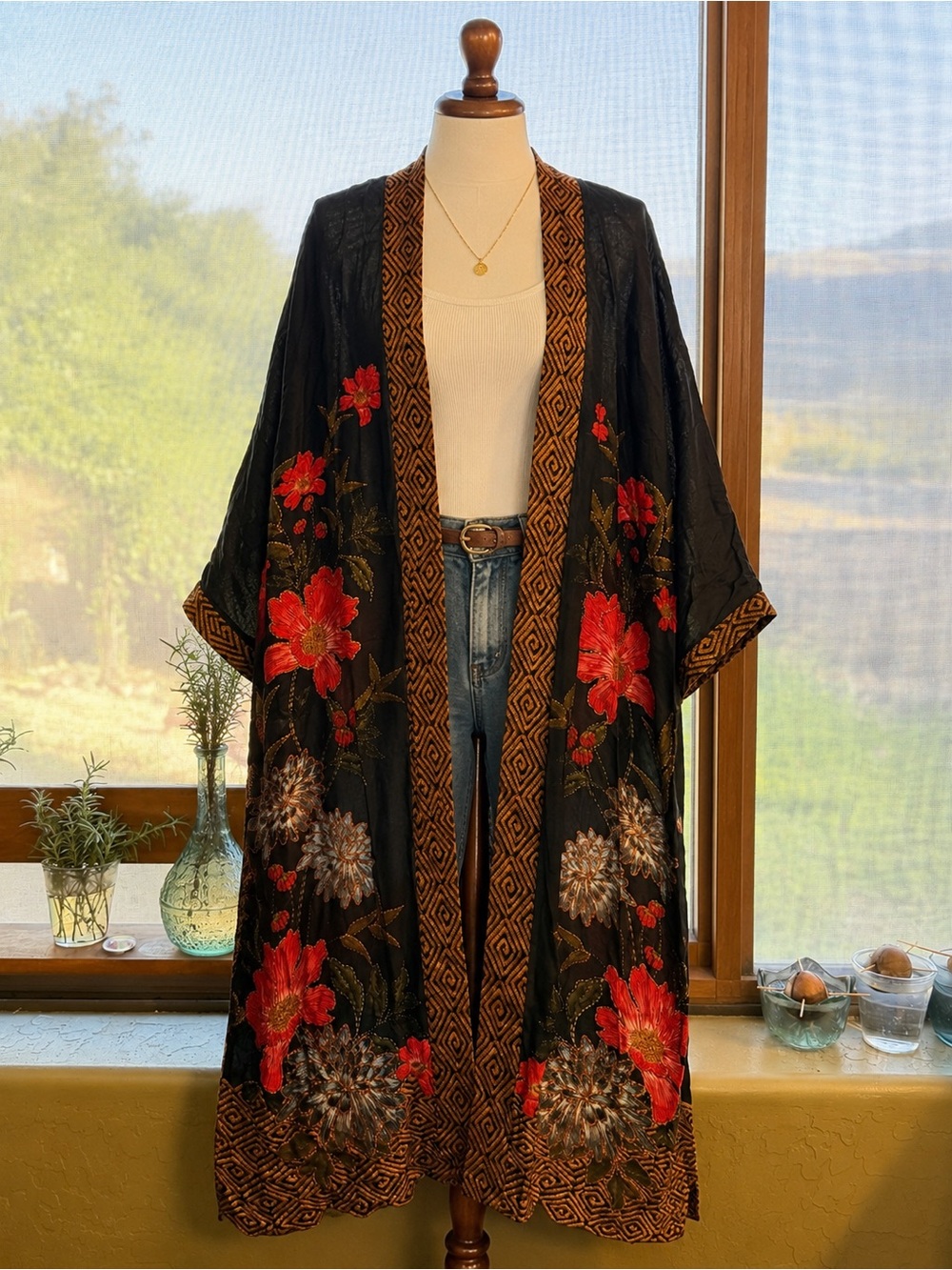 Boho Floral Embroidered Kimono Duster Black Red Open Front Cardigan